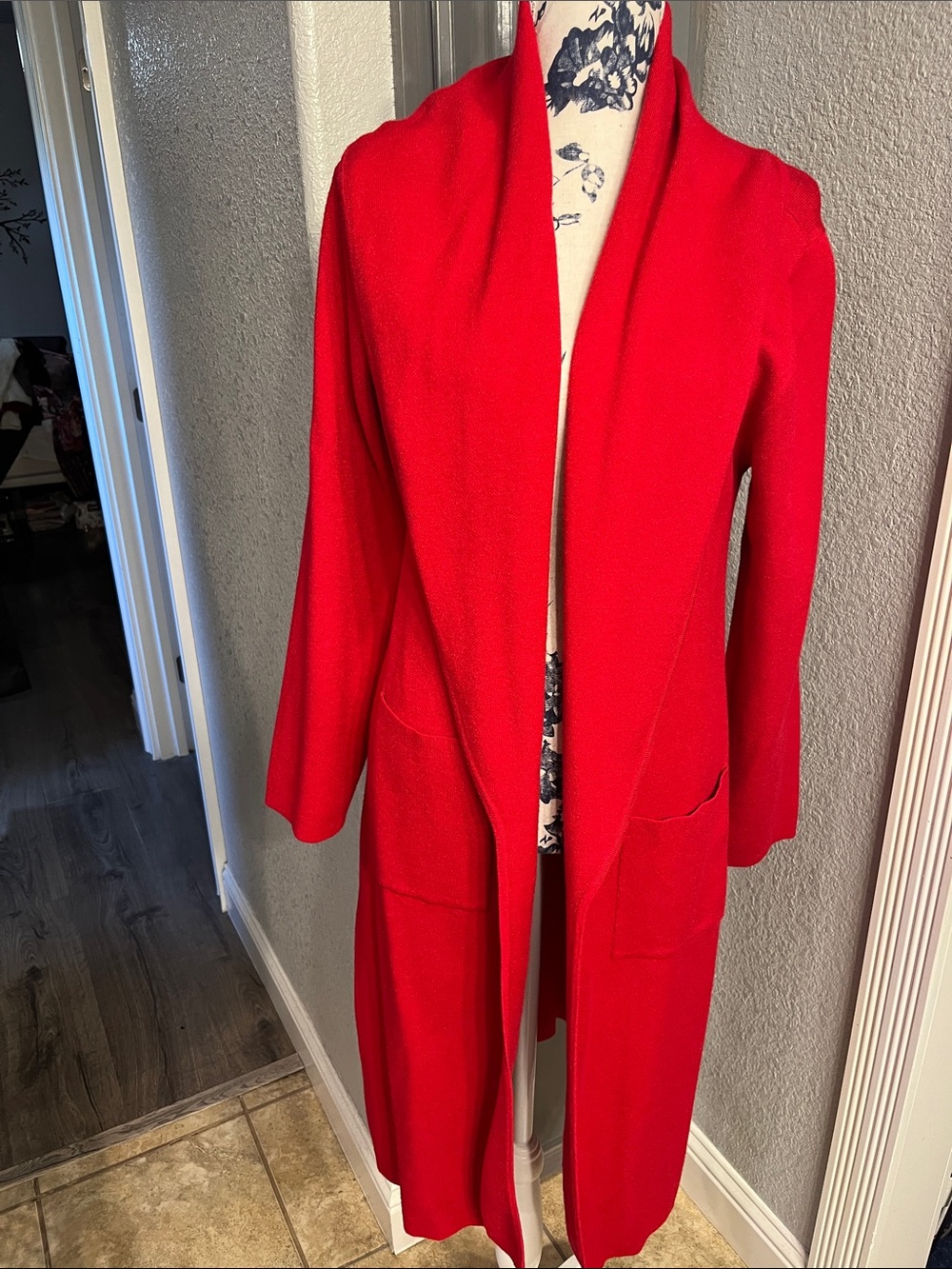 Women’s Open-Front Long Red Coatigan with Pockets